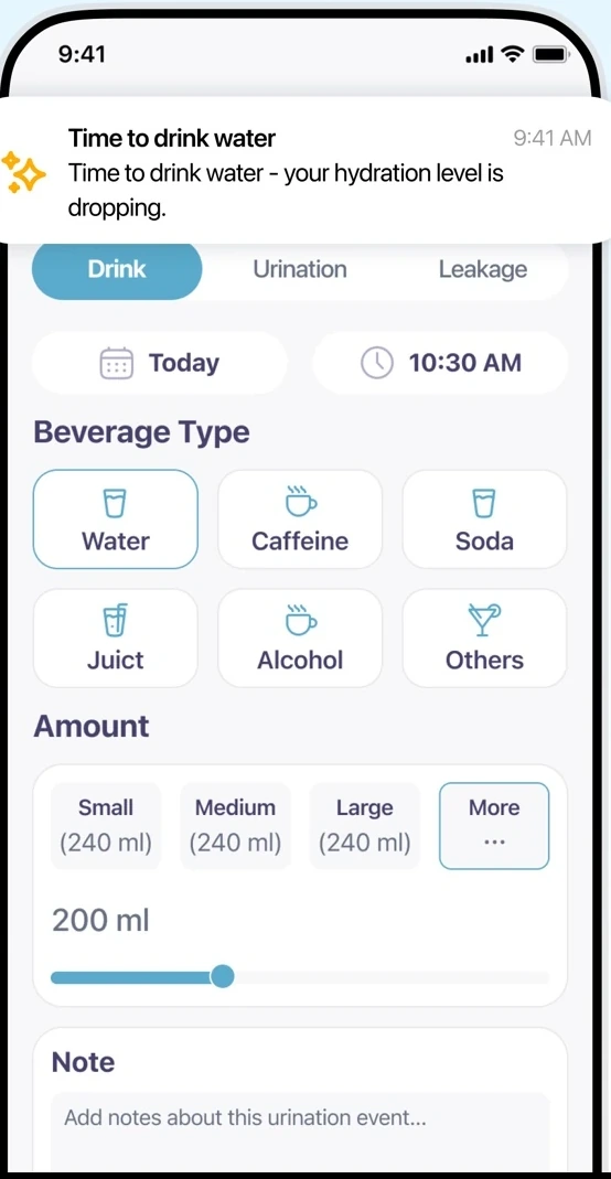 Urolog event screen with drink, bathroom visit, leakage, amount, and note controls