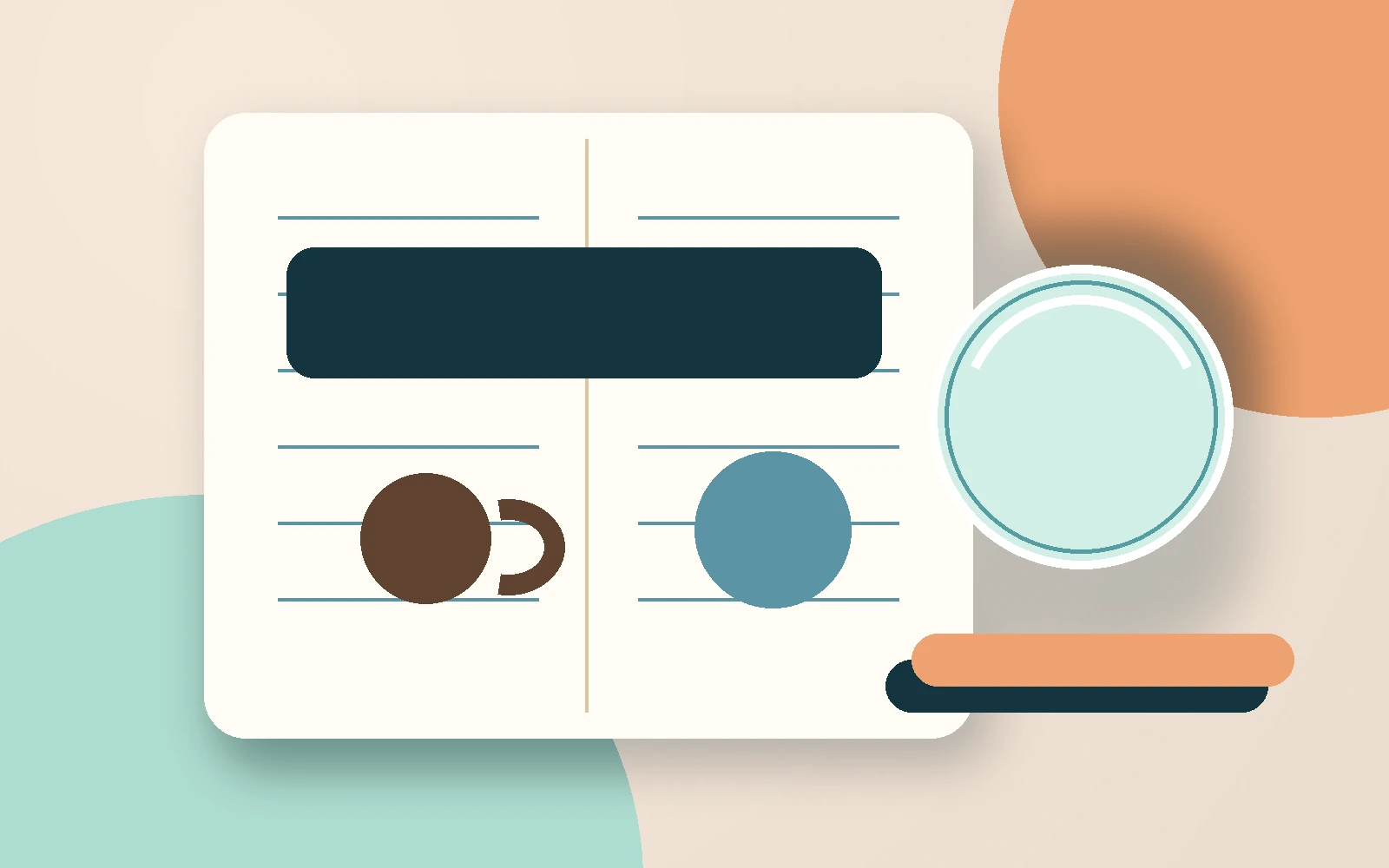 Coffee cup, cool drink, and notebook arranged for a daily drink record